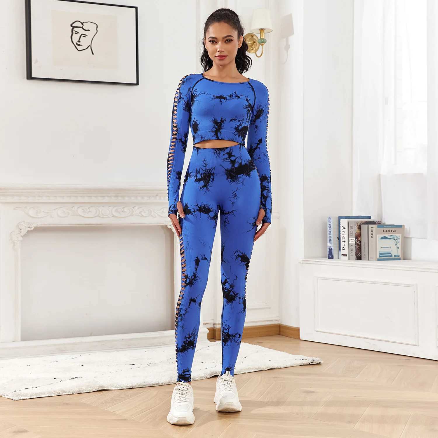CHRLEISURE Seamless Tie Dye Sports Set Hollow Out Yoga Suit Fitness Top with Workout Leggings ActivewearXJ250109