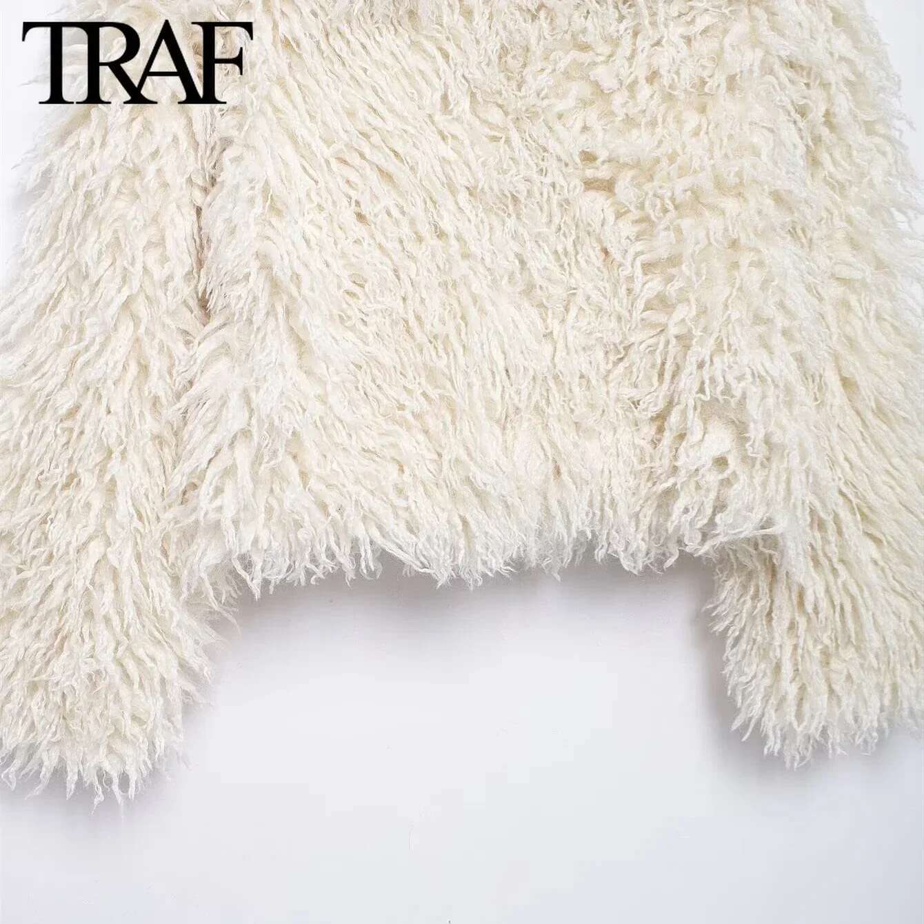 TRAF Faux Jacket For Women Fashion 2024 Winter New Long Sleeve Artificial Fur Effect Short Coat Chic Ladies Tops Mujer