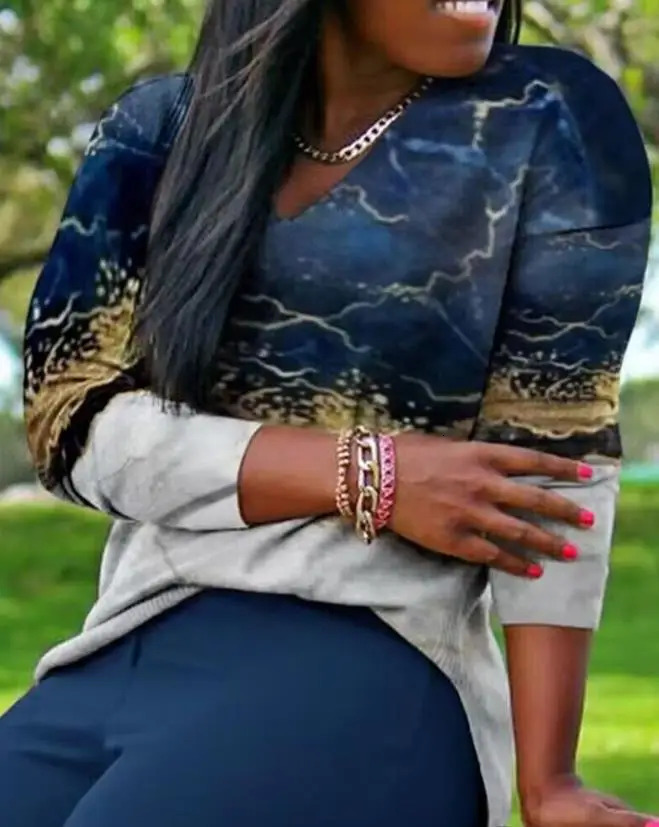 Two Piece Sets Womens Outifits Spring Fashion Marble Print VNeck Long Sleeve Top Casual High Waist Daily Pants Set 250106