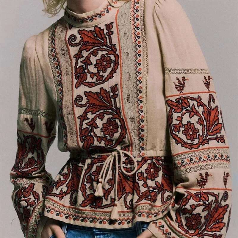 Women 2024 Early Autumn New Cross- Classical Pattern Round Neck Drawstring Waist Pullover