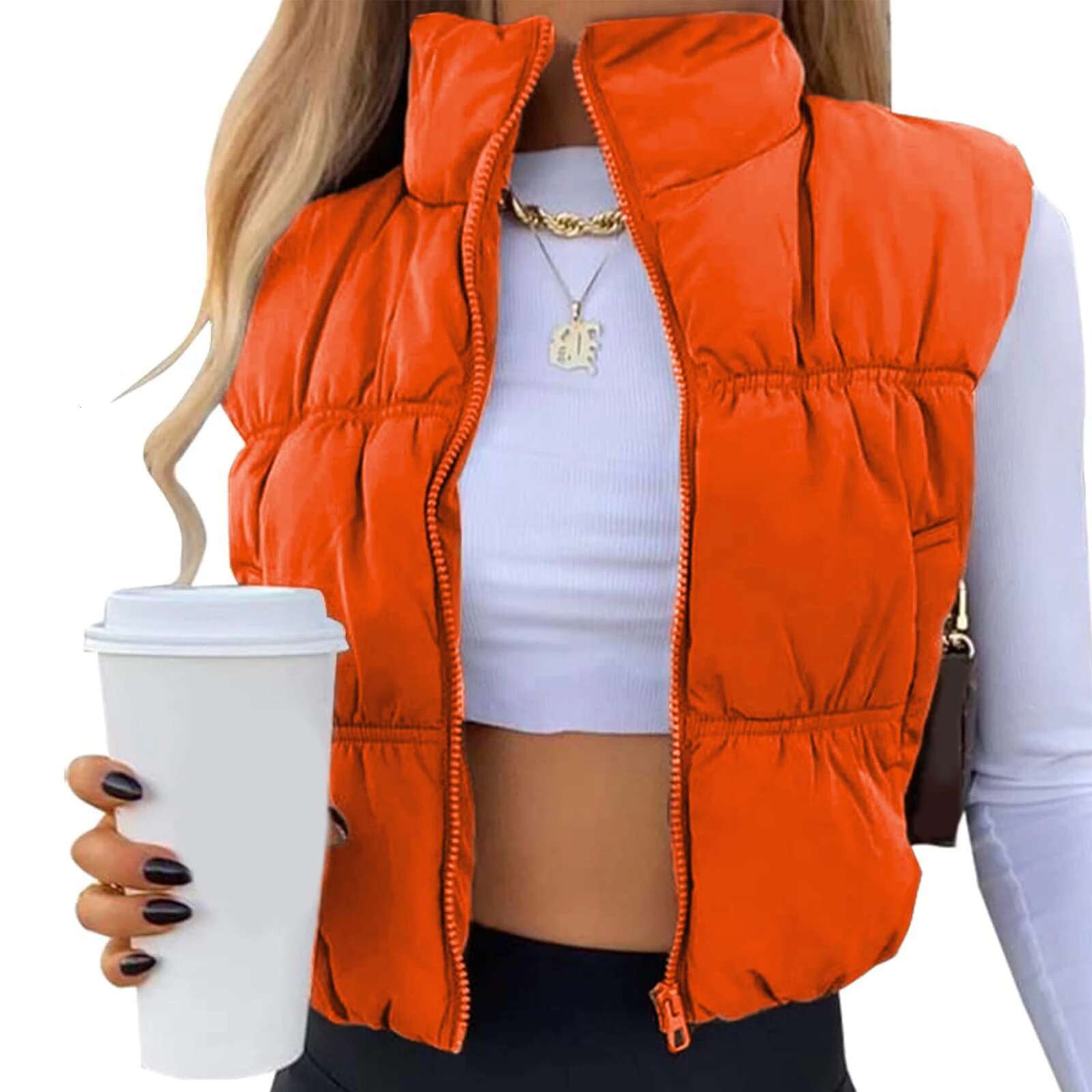 Women's Winter Quilted Vest Solid Color Lightweight Zipper Stand Up Collar Warm Jacket Fashionable Sleeveless Designer Jacket