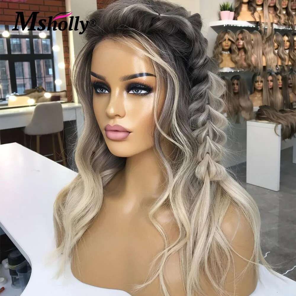 Ash Blonde Body Wave 13X4 Front Transparent Dark Grey Colored Remy Lace Frontal Human Hair Wig For Women
