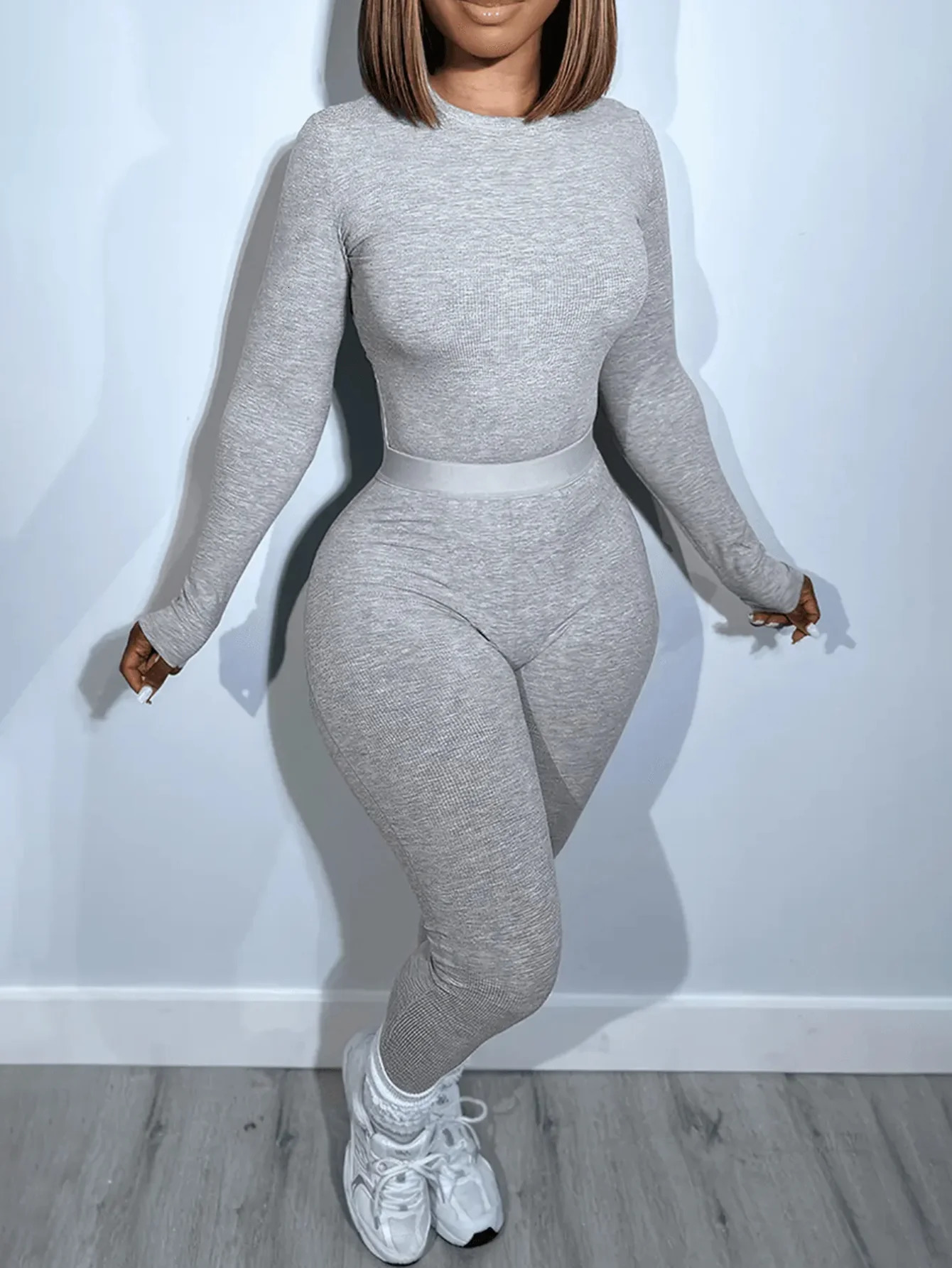 LW Plus Size casual Two pieces sets solid long sleeve Round Neck Top Skinny Pants Set Autumn sport womens clothing pants 250106