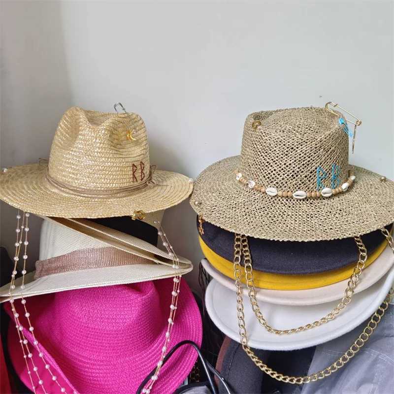 White straw hat pearl chain DIY flat top sun hat new Korean elastic ribbon hat beach hat candy color sun hat X250329