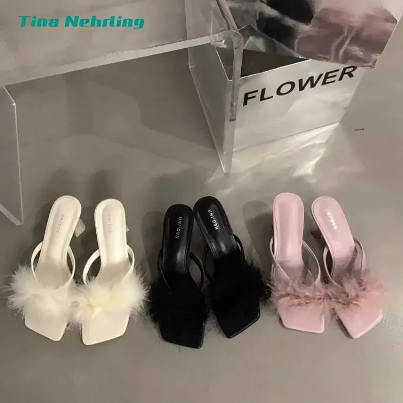 Women Slippers and Ladies Sandals Black Slides Vintage Feather Shoes Heeled Summer 2025 Furry Wedding Sexy Fuzzy Unique Slippers 250109