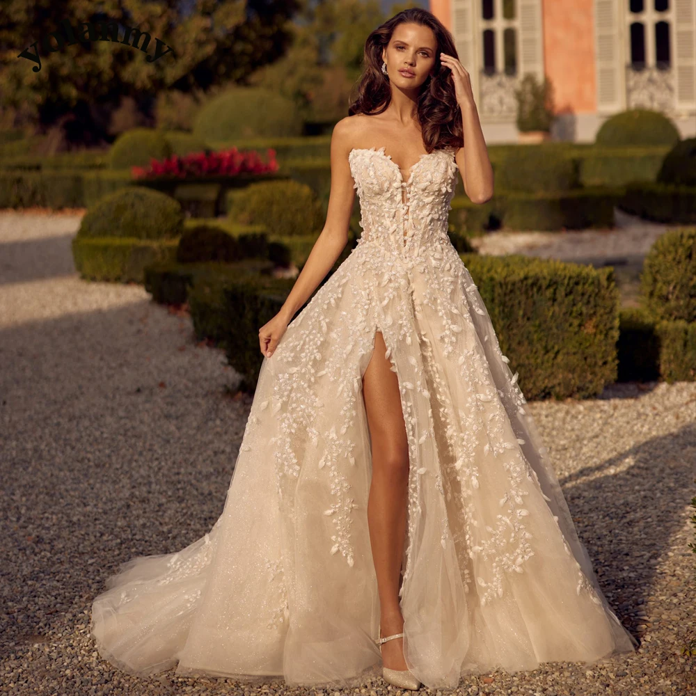 A-e Bridal Dress with Appliques & Sequins, Sweetheart Neck, Sleeveless, Split Side, Sweep Train, Customized