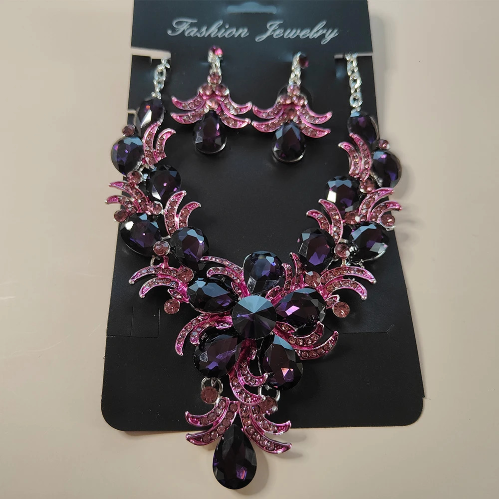 Purple Jewelry Set Wholesale Wedding Accessories y Crystal Rhinestone Flower Statement Earrings and Necklace for Women 250109