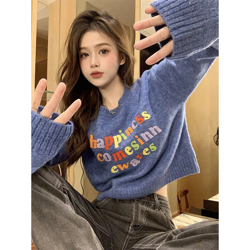 Multicolor Letter ed Pullovers Women Autumn Winter Sweet Fashion Long Sleeve Sweater Casual Allmatch Knitwear Tops 250108