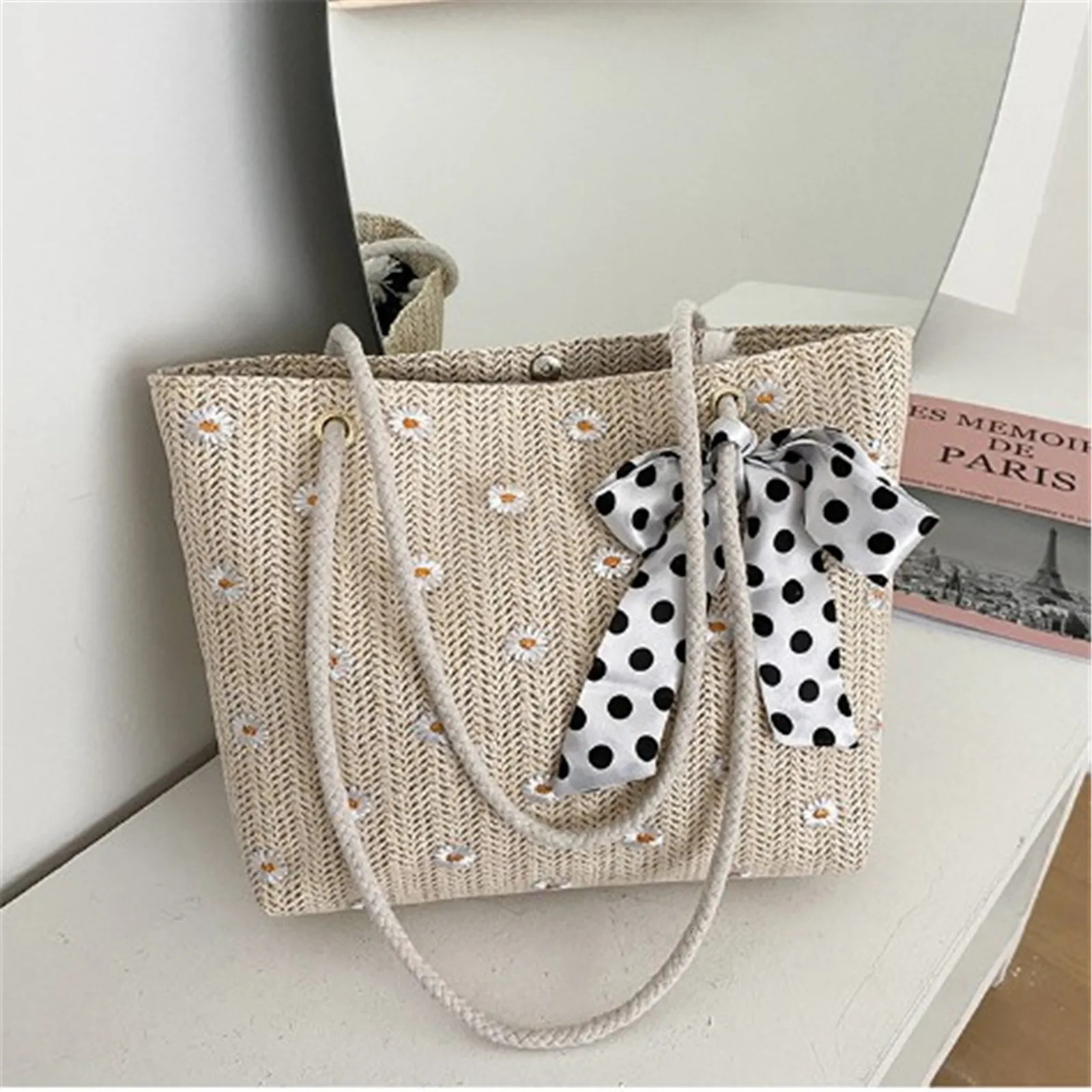 Straw Braided Silk Scarf One-shoulder Handbag Ladies Solid Large-capacity Fashion Simple Handbags Summer Travel Beach Bag 250106