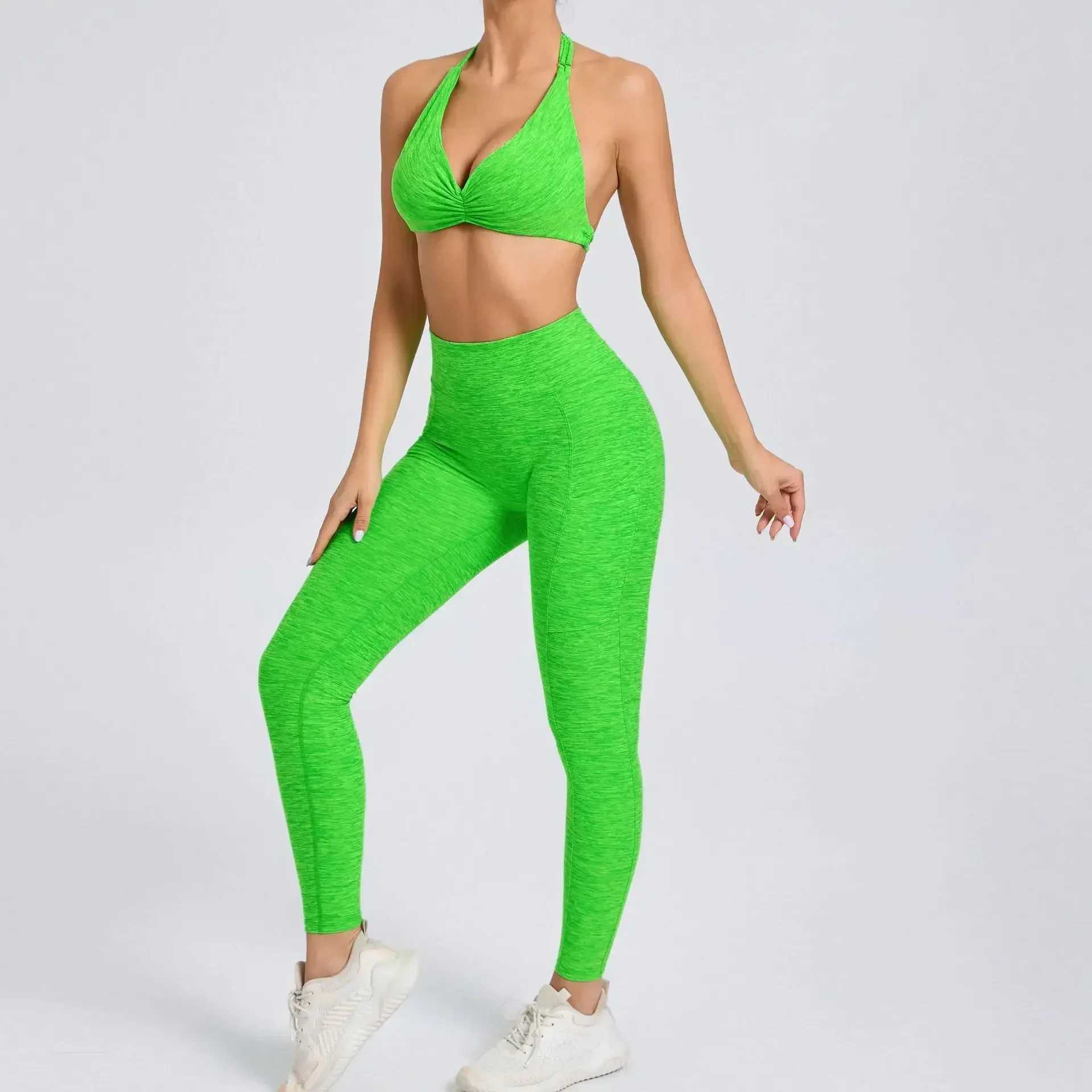 Seamless Yoga Sets Sports Fitness High Waist Hip-lifting Pockets Pants Backless Bra Suits Workout Gym Leggings Sets for WomenXJ250109