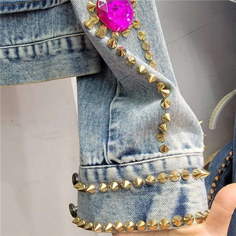 Women Dias Short Denim Bomber Coat Rivet Beaded Jeans Jacket Rhies Cardigan Lapel Long Sleeve Streetwear Tops