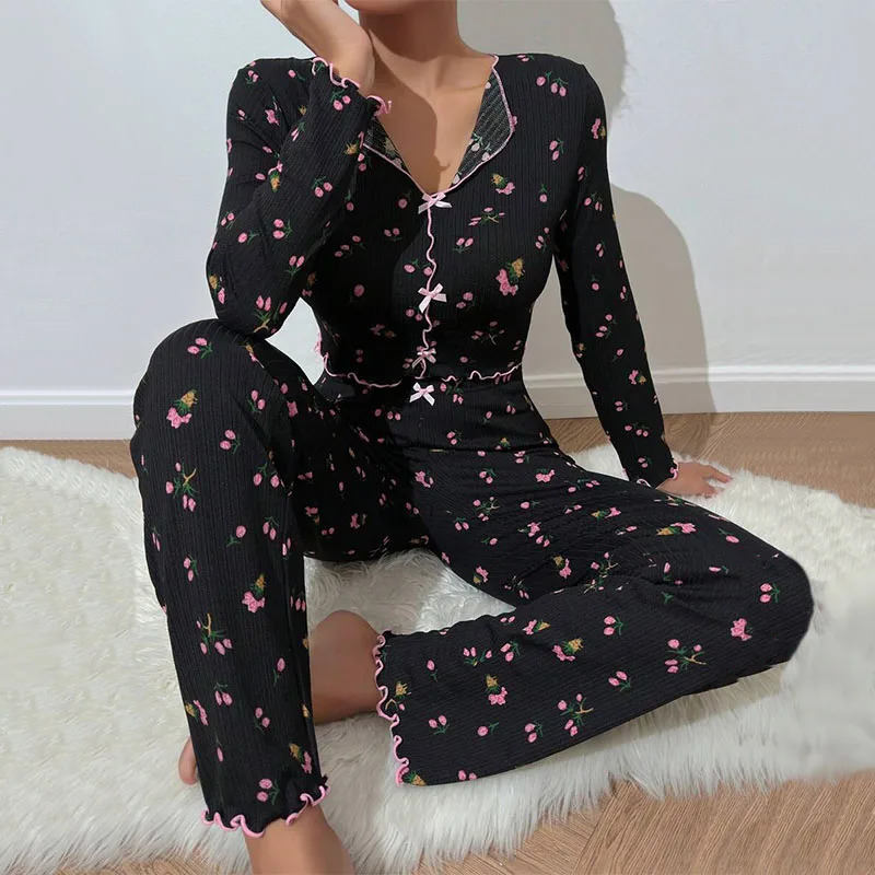 Women Floral Print Pajama Sets Long Sleeve ShirtsPants Female Casual Home Clothes Spring Autumn Sleepwear Bow Nightwear Suits 250106