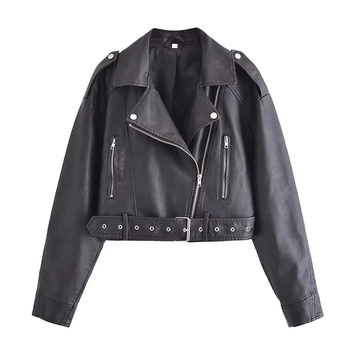 2025 Spring Autumn Womens Leather Jacket Casual Loose Washed Gradient For Women Zipper Lapel PU Short Slim Fit 250103