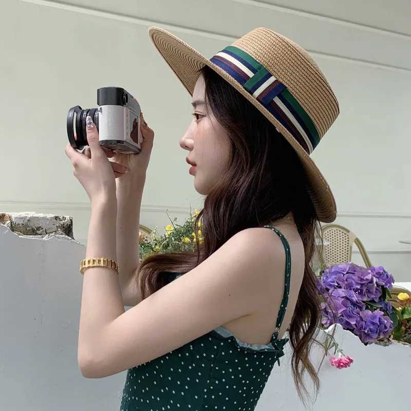 Simple solid color handmade straw hat suitable for warm summer beach sunset bucket hat autumn retro Panama flat top hat X250109