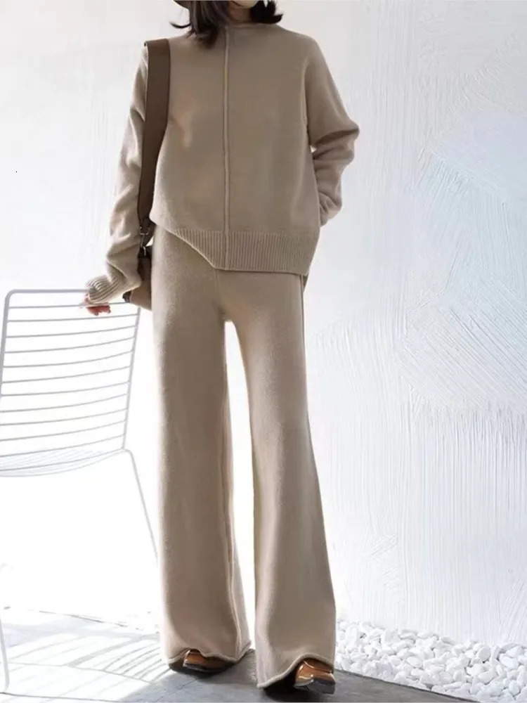 Elegant Knitted Two Piece Sets Womens Casual Oneck Knit Pullovers Loose Pants Female Suits Autumn Winter Fashion Lady Outfits 250106