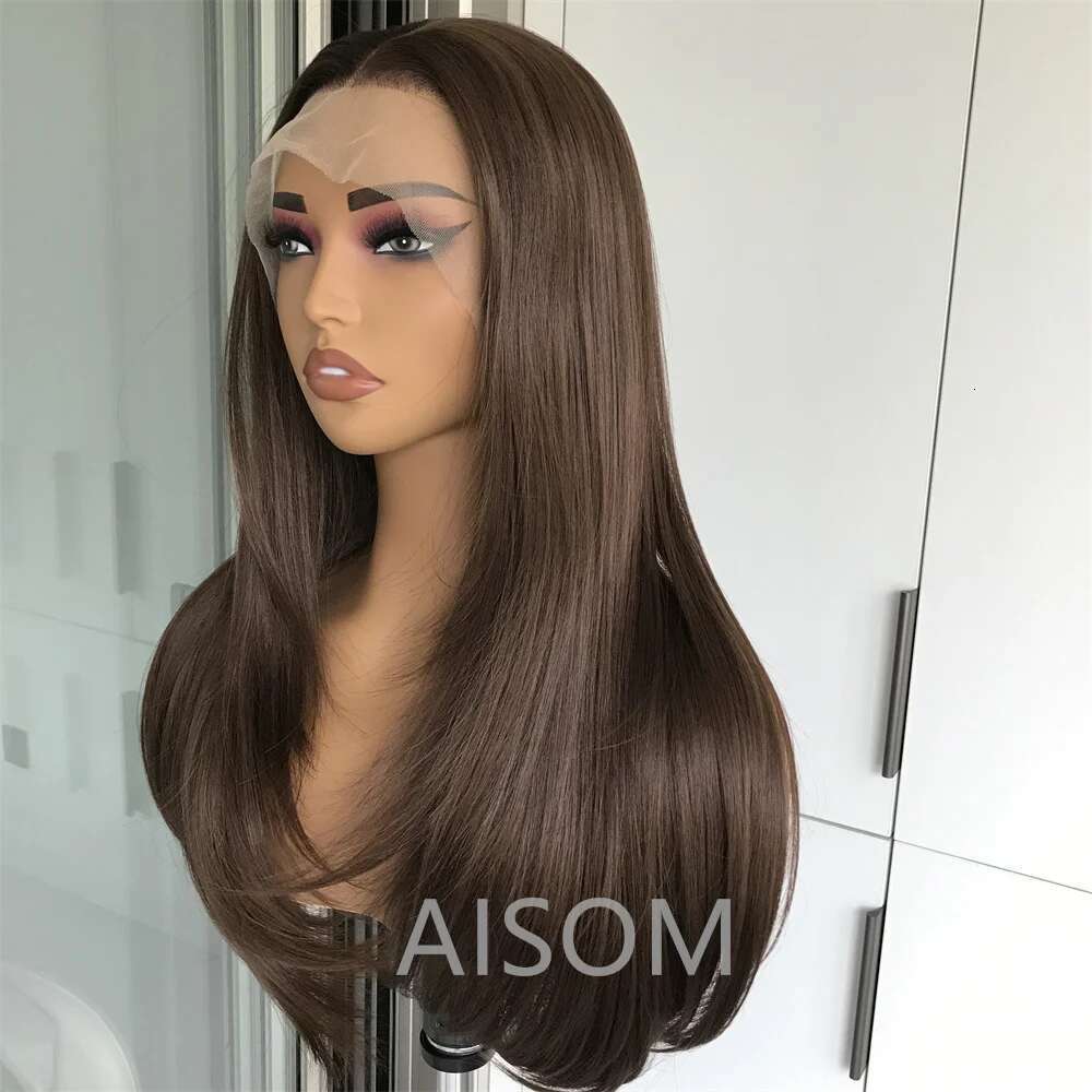 Chocolate Brown Layered Straight Front Synthetic Hair Pre Plucked Highlight Blonde Colored Lace Wig For Black Women