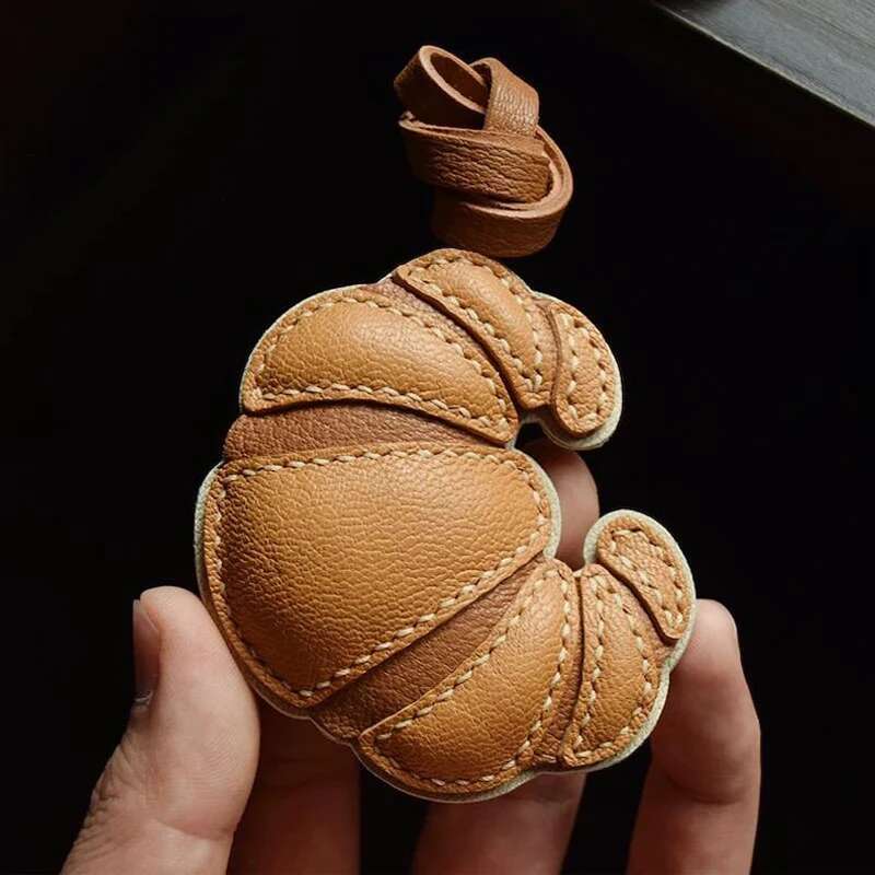 Handmade Leather Sheepskin Croissant Charm Keychain Girls Mobile Phone Shell Pendant Gift Bag Decoration Accessories