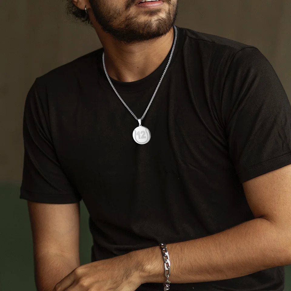 Arabic Number Stainless Steel Baseball Necklaces 099 Engraveable Name Pendant Jewelry for Men Women Gift 305mm22inch 250109