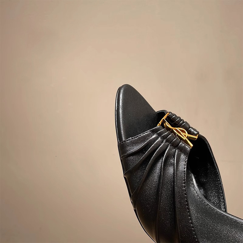 Wrinkled surface metal buckle fish mouth sexy slim heeled sandals 2024 new high heels with open toe slippers for women's outdoor wear