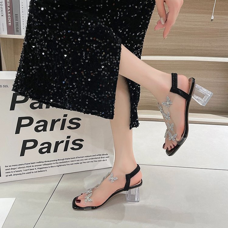 Women Slippers High Heel Sandals New Fashion Coarse Heel Design Butterfly Triple Black Beige Plus Size Free shipping