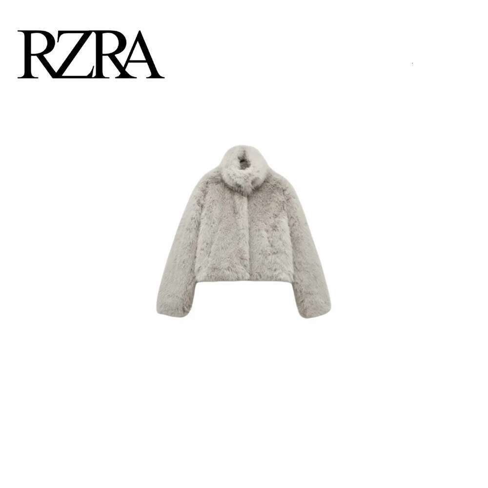 2024 Autumn And Winter New Grey High-End Artificial Fur Effect Long Sleeved Stand Up Collar Short Jacket