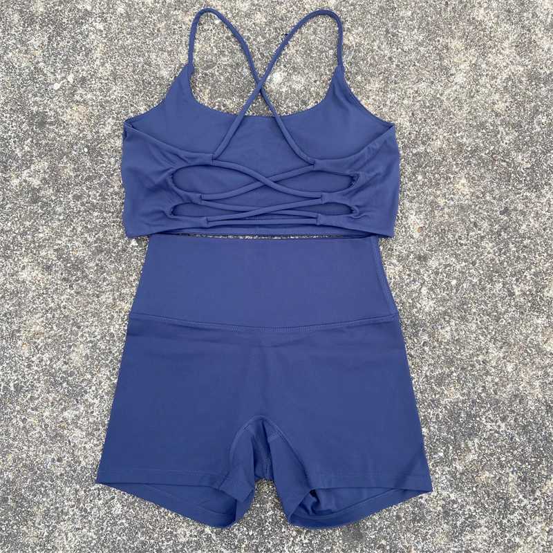 Yoga Clothes 2 Piece Women Gym Shorts Set Fitness Sports Suit Cross Back Bra Top High Waist Shorts Running Workout TracksuitXJ250109