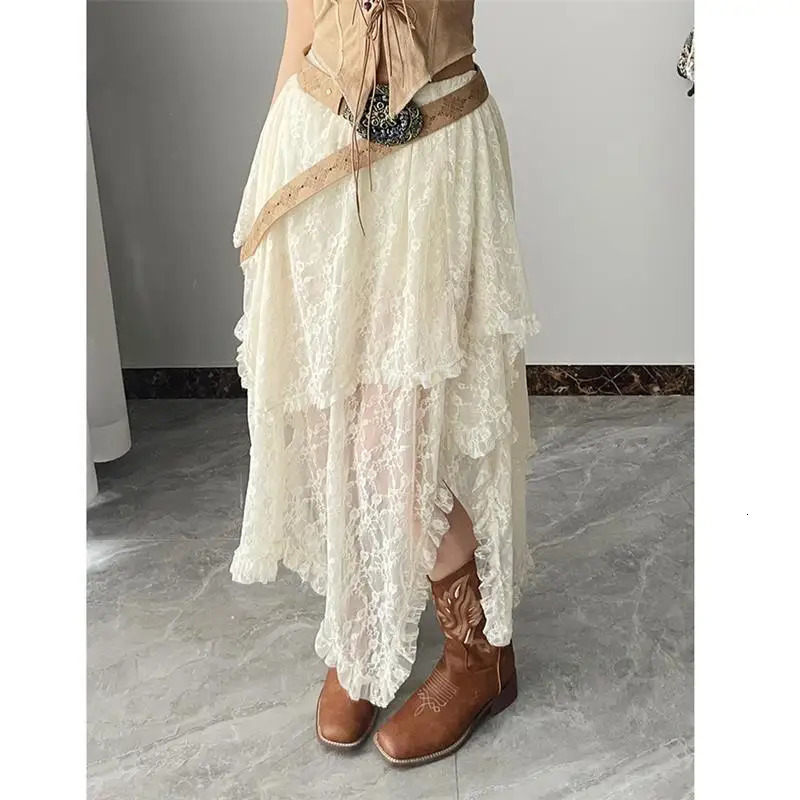 Chic Irregular Aline Skirts Fashion Holiday for Women Vintage Ruffles Floral Kintted Lace Streetwear Faldas Mujer 250106