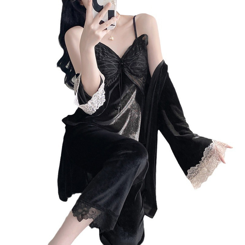 B634-Autumn and winter plus velvet thick warm coral fleece women's pajamas set spring and autumn winter 2024 new home clothes two-piece set