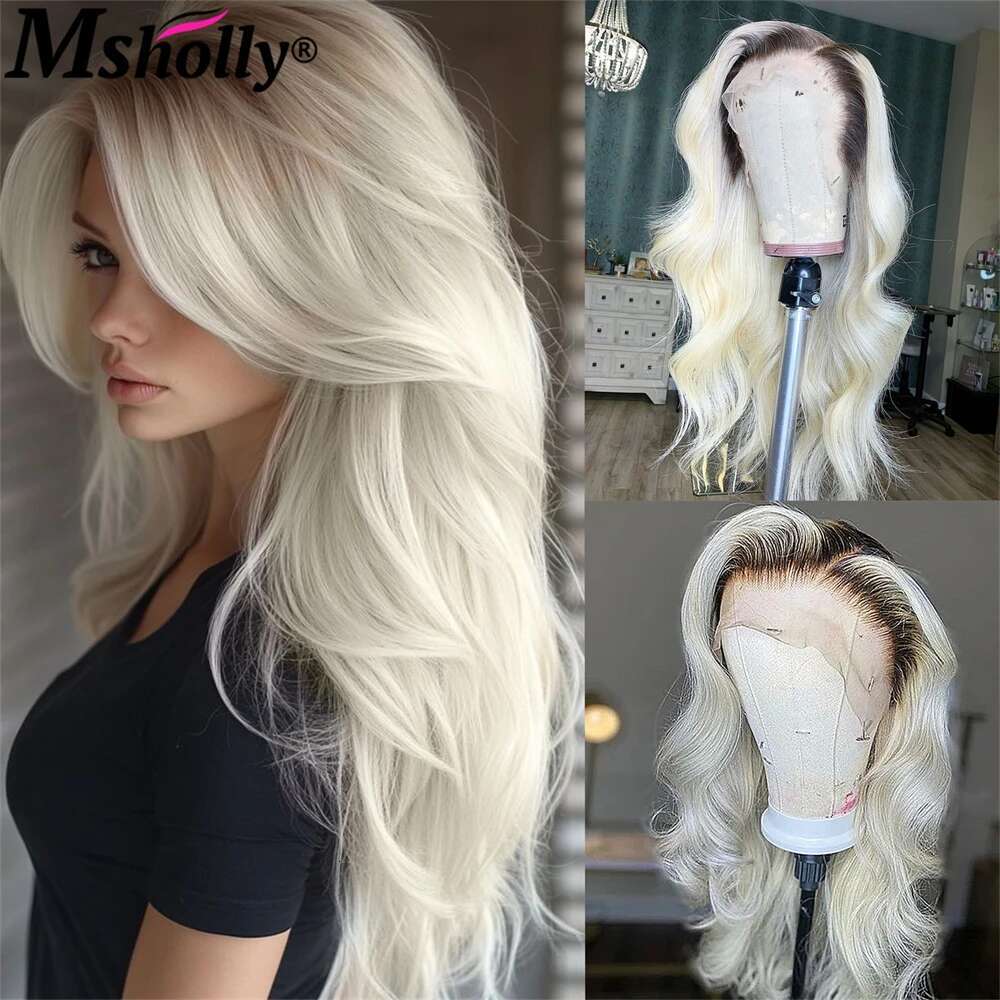Highlight Platinum Blonde Body Wave Lace Front Wigs With Dark Roots Pre Plucked 180% Density Free Part Wig Human Hair