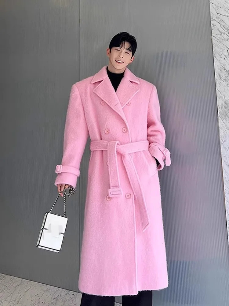 Autumn Winter Thicken Double Breasted Pink Woolen Long Coat Men Solid Color Business Casual n Loose Fit Fashion Overcoat 250106