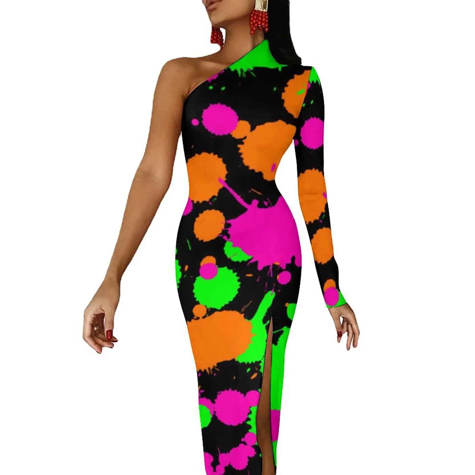 Neon Paint Long Dress Women Graffiti Splatter Print Party Maxi Summer Sleeve Sexy Bodycon Dresses Side Split Clothes 250106