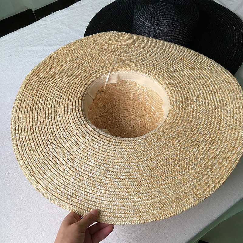 New Brim rowing hat 15cm wide Brim straw hat plain weave summer Kentucky derby hat white black ribbon tie sun hat beach hat X250109