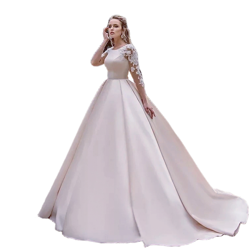 Illusion Long Sleeves Satin Wedding Dresses Lace Appliques Pleats Long Bridal Gowns Open Back Court Trian Garden Bride Dress Custom Made 2025