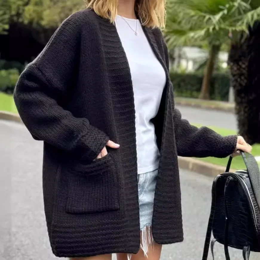 Europe and The United States Solid Color Knitted Cardigan Womens Autumn and Winter Loose Long-sleeved Knitted Sweater Coat 250106