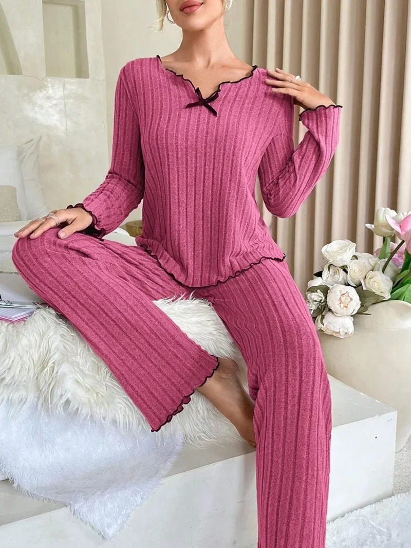 Women Autumn Winter Sleepwear Ribbed Pajamas Set Long Sleeve Top and Pants 2 Piece Casual Homewear Loungewear 250106
