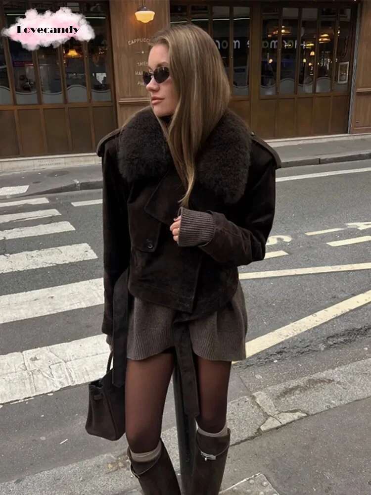 Vintage Deep Brown Faux Fur Jacket Chic Lapel Long Sleeve Button Belt Short Coat 2024 Autumn New Fashion Female High Streetwear