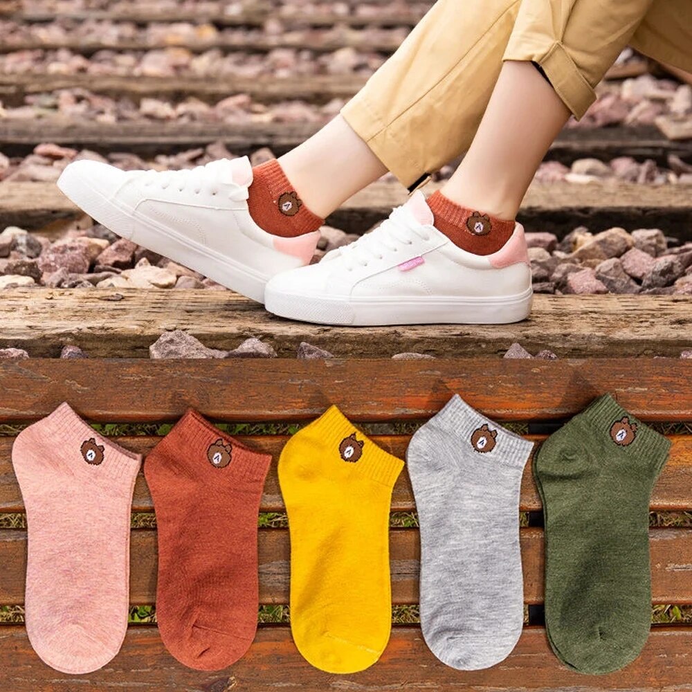 10 Pairs Women Low Tube Socks Set Cute Bear Pattern Fashion Breathable For Female Casual Style Comfortable Socks