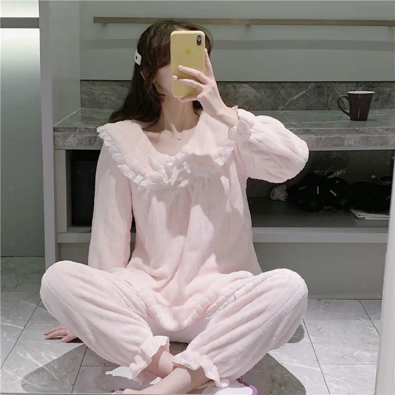 Coral Fleece Pajamas Sets for Women Autumn Winter Thick Warm Sweet Long Sleeve Sleepwear Nightgown Pijama Suit Mujer Homewear 250106