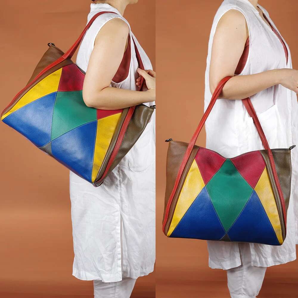 Fashion Genuine Leather Multicolour Handbags Casual Women Girl Cowhide Big Bag Designer Patchwork Female Shoulder Crossbody Bags