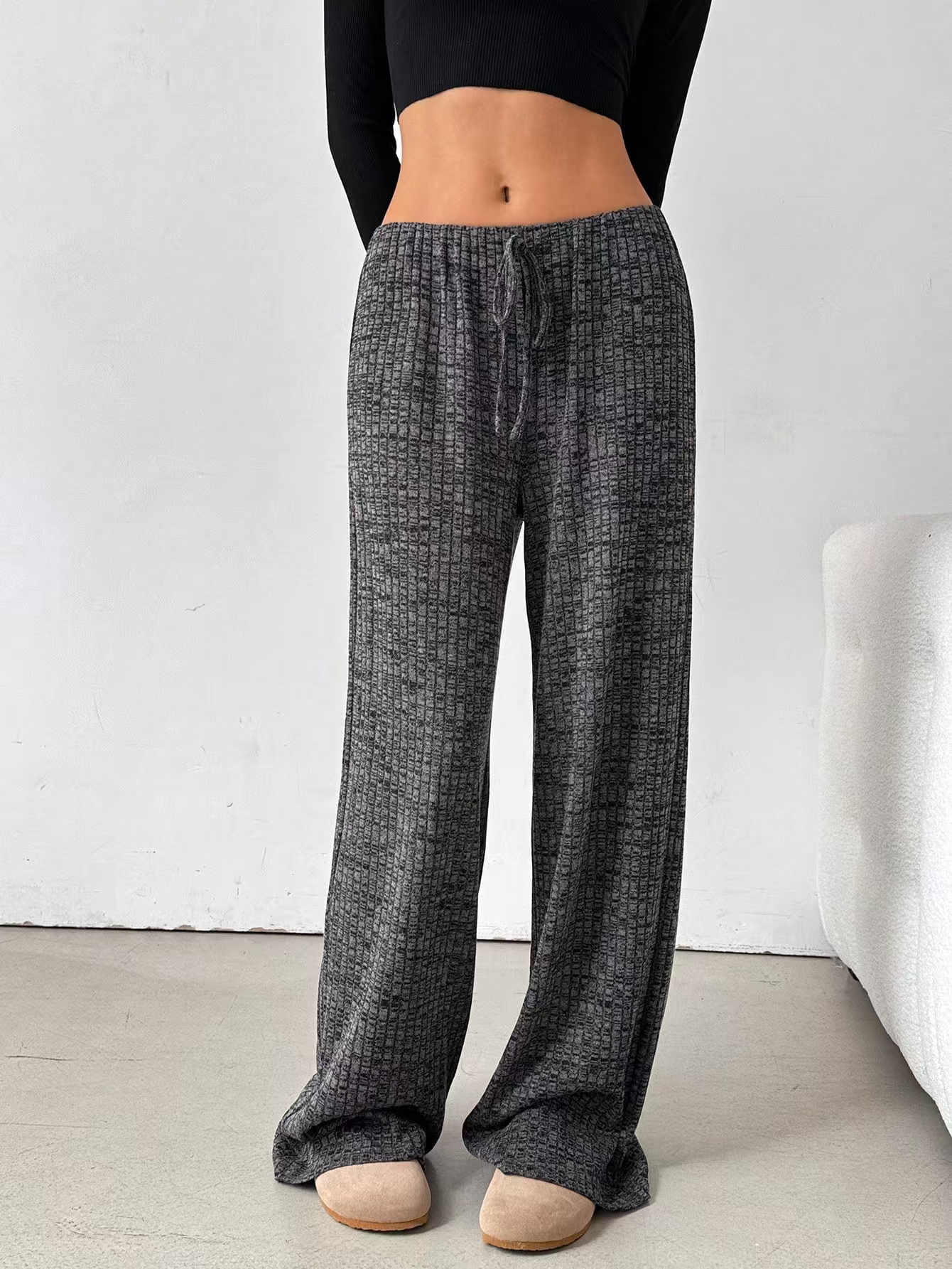 Thin towel wide-leg pants women's high waist drooping loose slim straight casual striped knitted pants mopping the floor in summer#3453