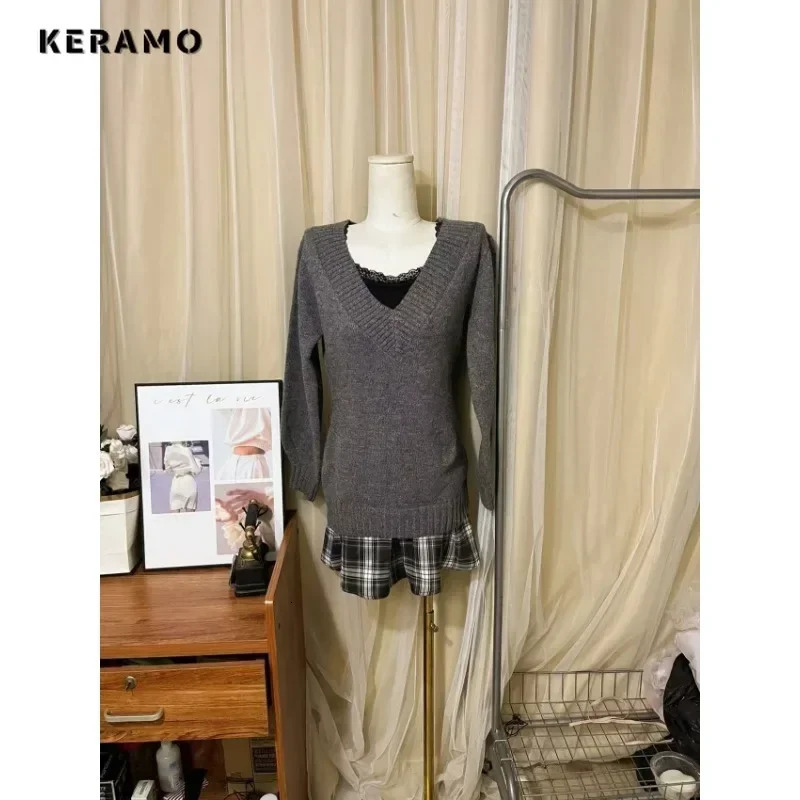 Autumn Vintage Elegant Style 2 Piece Set Women Lace Knit Sweater Patchwork Skirt Sexy Retro Two Outfits 250106