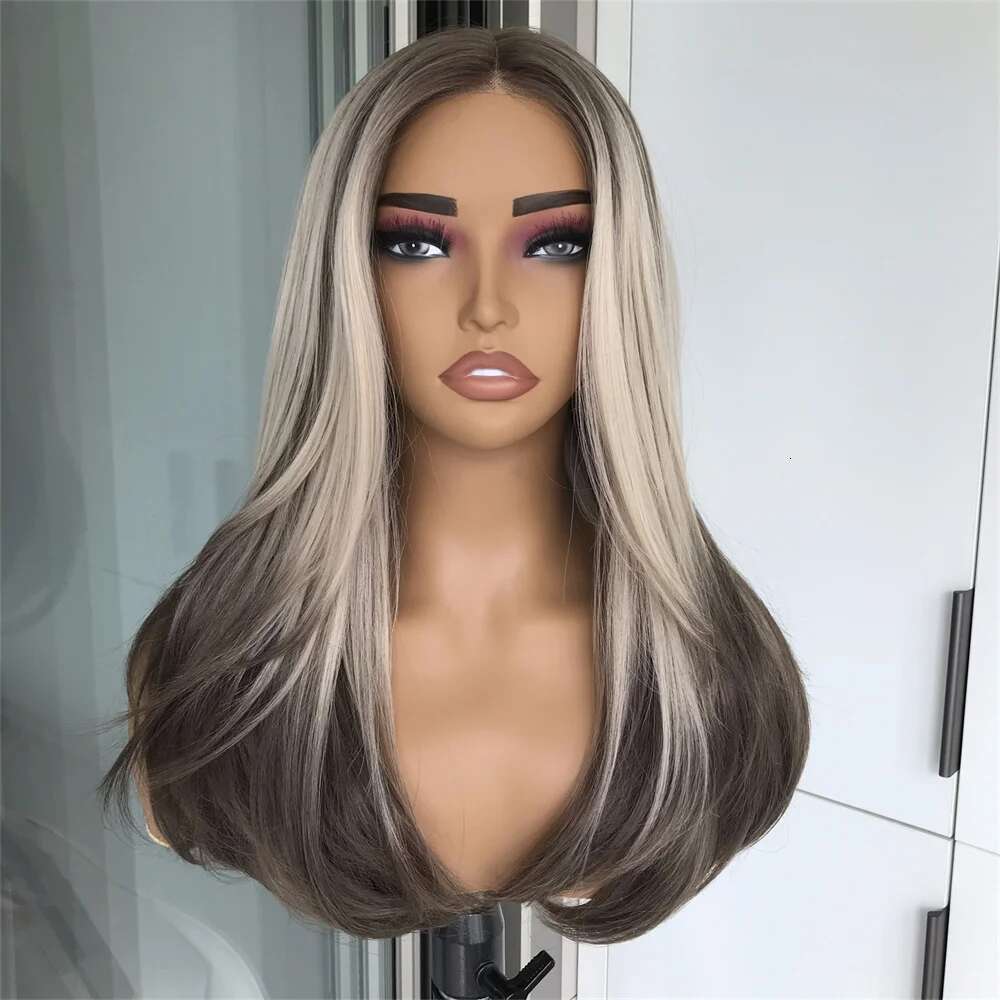Wear And Go Layered Cut Pre Plucked Beginner Synthetic Lace Front Wig With Bangs Straight Wigs For Women Highlights