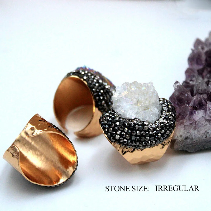 Natural Cluster Druzy Ring Shiny Color Women Adjustable Open Ring Punk Style Wide Size Orginal Stone 250106