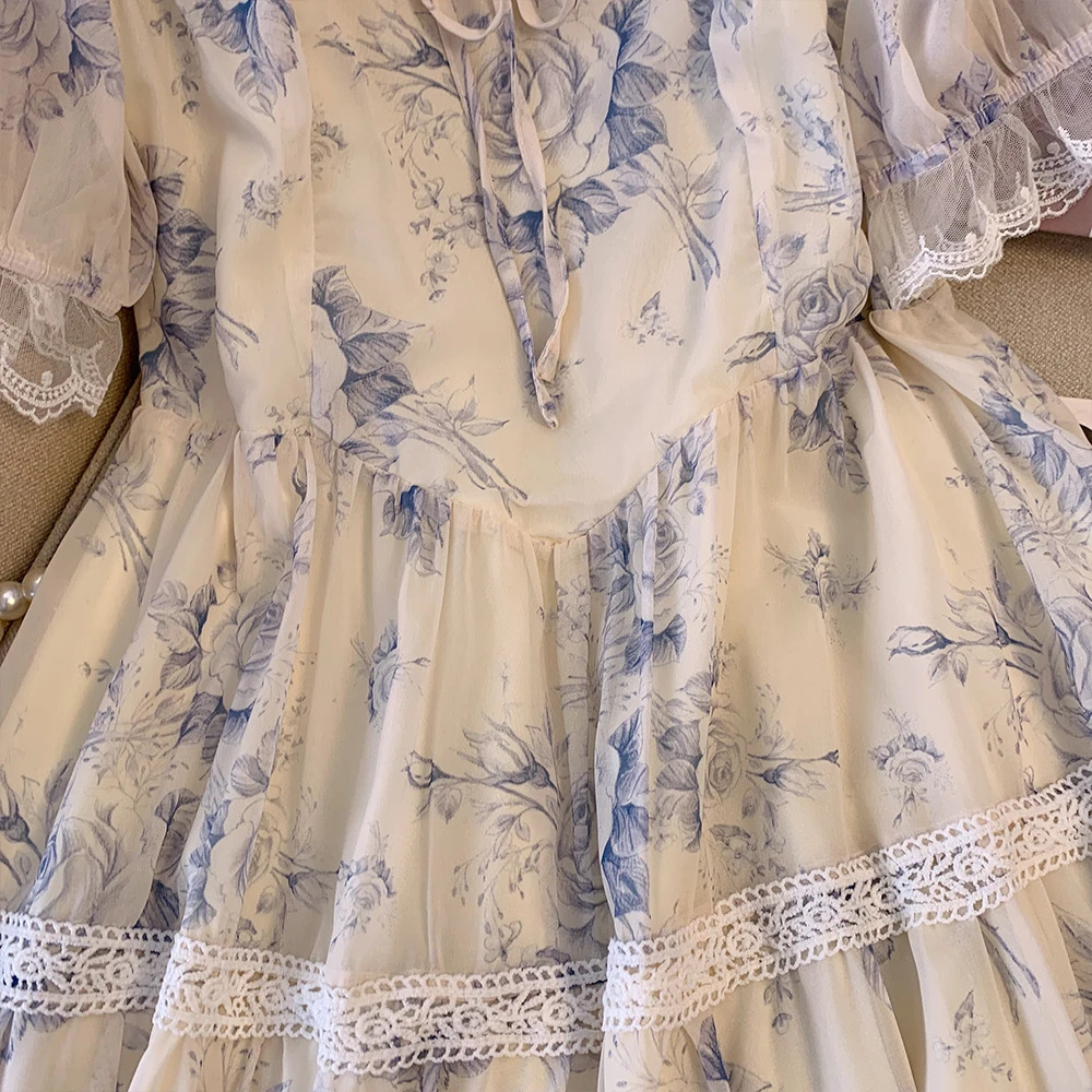 Summer French casual print dress Lace embellished chiffon fabric loose comfortable puffy sleeve party plus size 250106