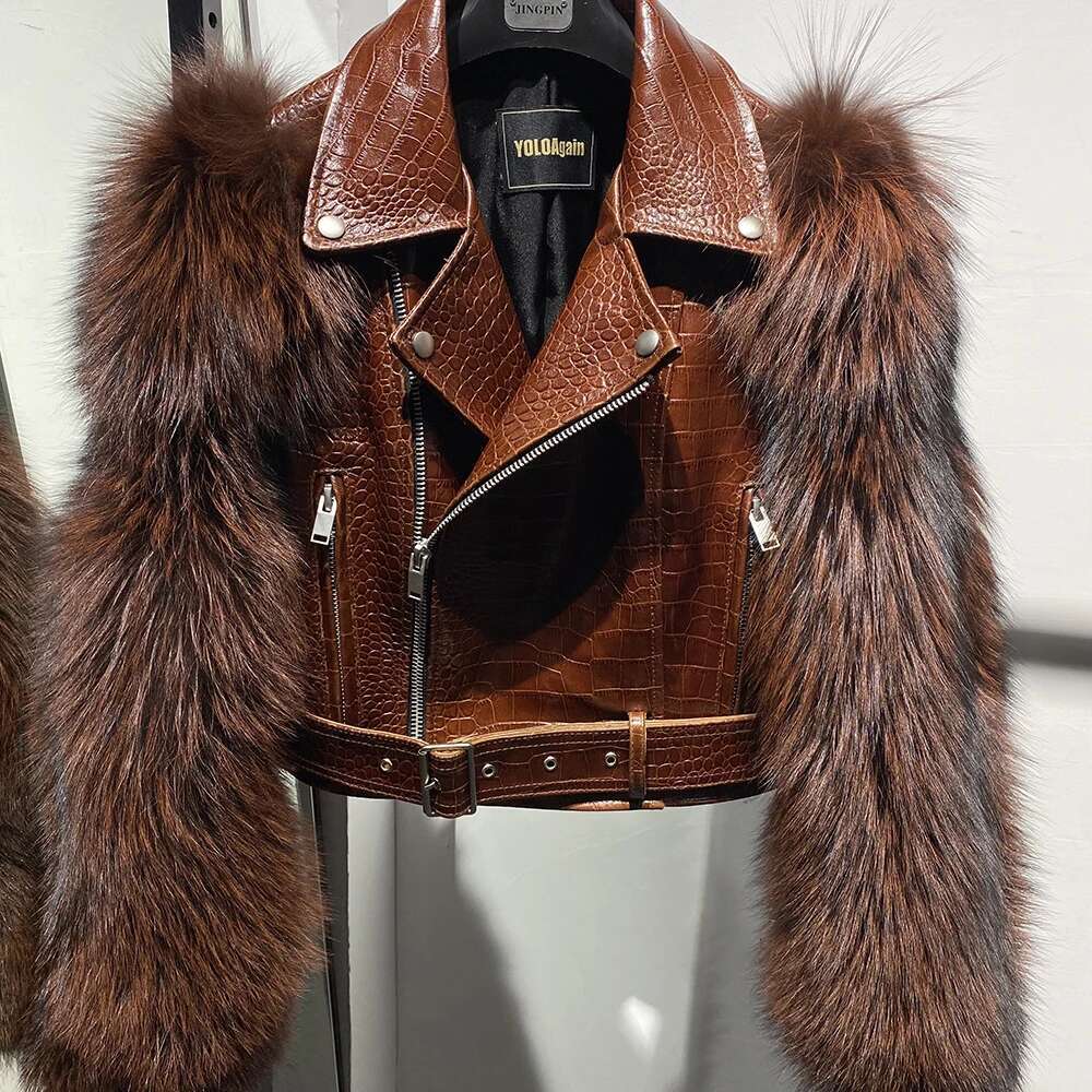 Yoloagain Real Fox Fur Sleeve Sheepskin Women Brown Croc Pattern Leather Jacket Female