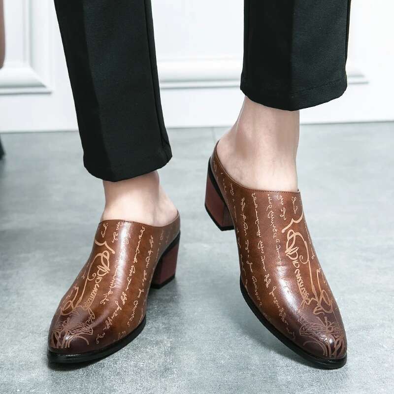 New Summer High Heel Mules Men Half For Man Leather Slippers Mens Casual Shoes Formal Loafers Dress Male Slides Sandals