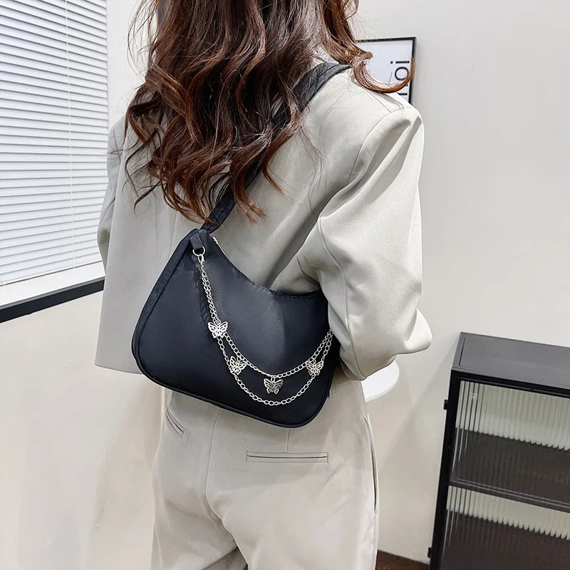 Fashion Women Small Shoulder Underarm Bag PU Leather Nylon Ladies Vintage Butterfly Chain Pure Color Zipper Mini Purse Handbag 250106