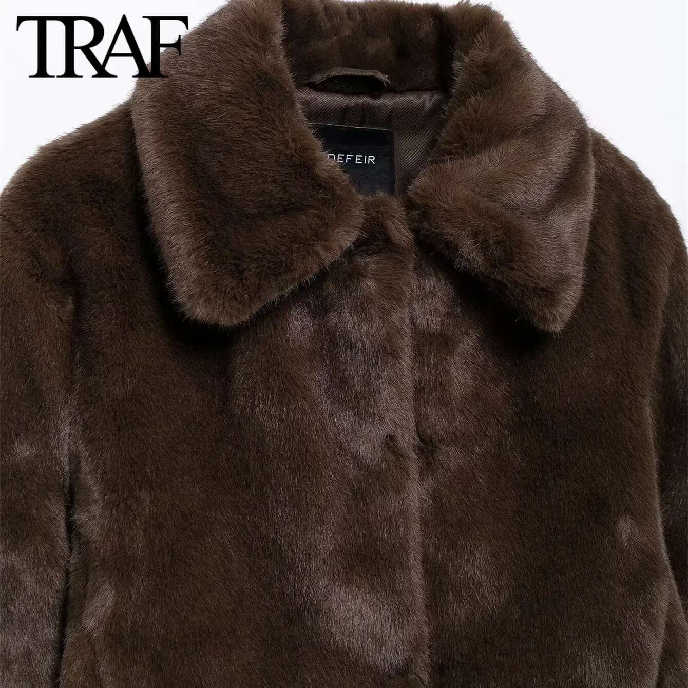 TRAF Faux Jacket For Women Fashion 2024 Winter New Artificial Fur Effect Lapel Long Sleeved Short Coats Chic Ladies Top