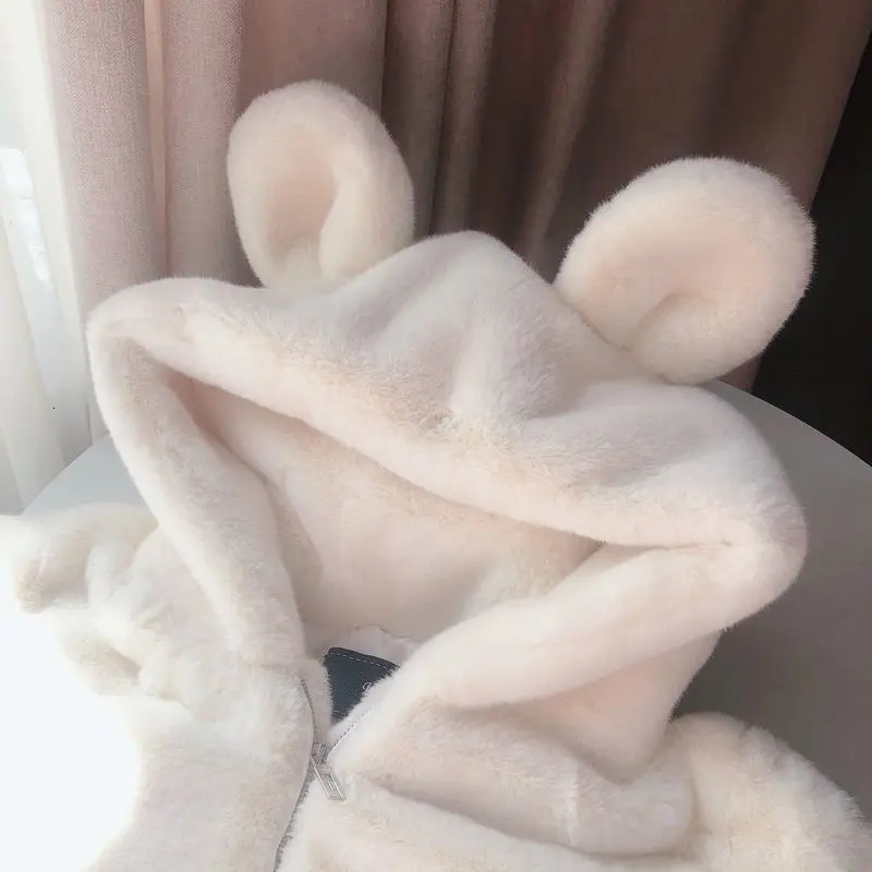 Mens Faux Fur Hooded Coat Autumn Winter Mink Jacket Cute Bear Ears Thickened Loose Solid Color Tops 250107