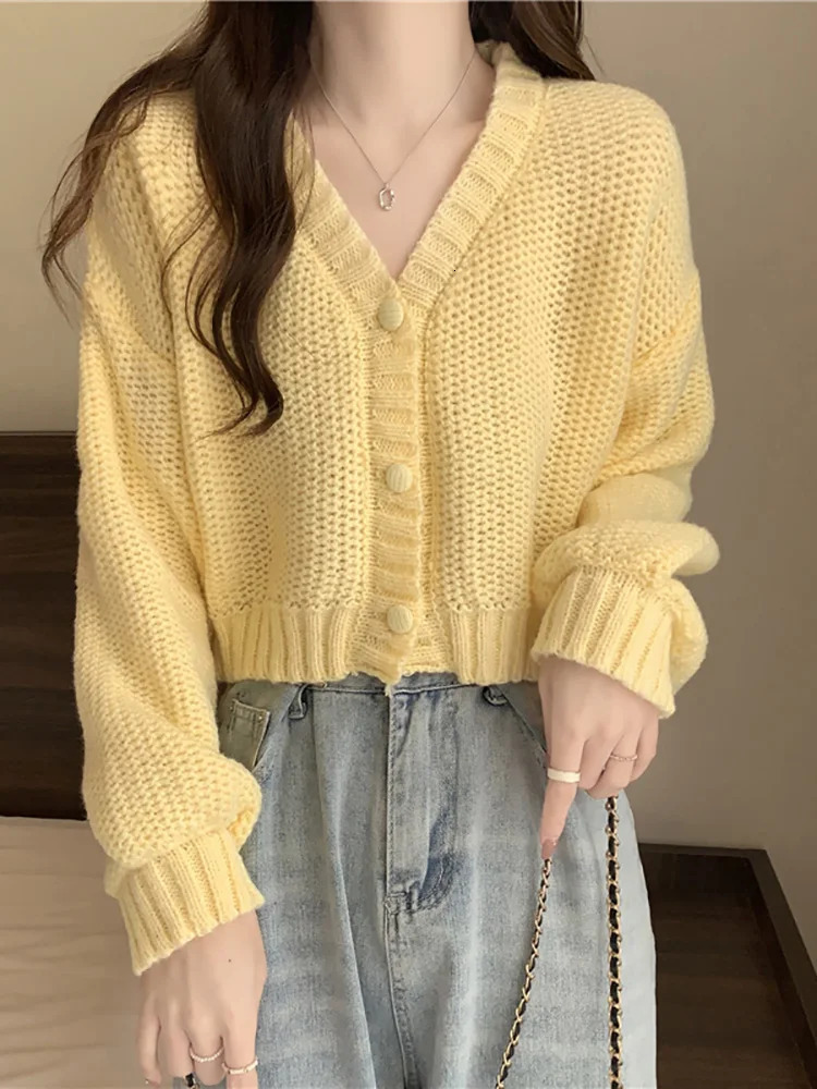 EVNISI Women Slim Sweater Cardigan V-Neck Button Up Casual Solid Knitting Sweater Coat Sweet For Women Cardigan Coat Autumn 250106